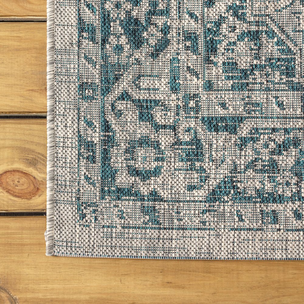 8' Gray And Teal Blue Medallion Indoor Outdoor Runner Rug HomeRoots