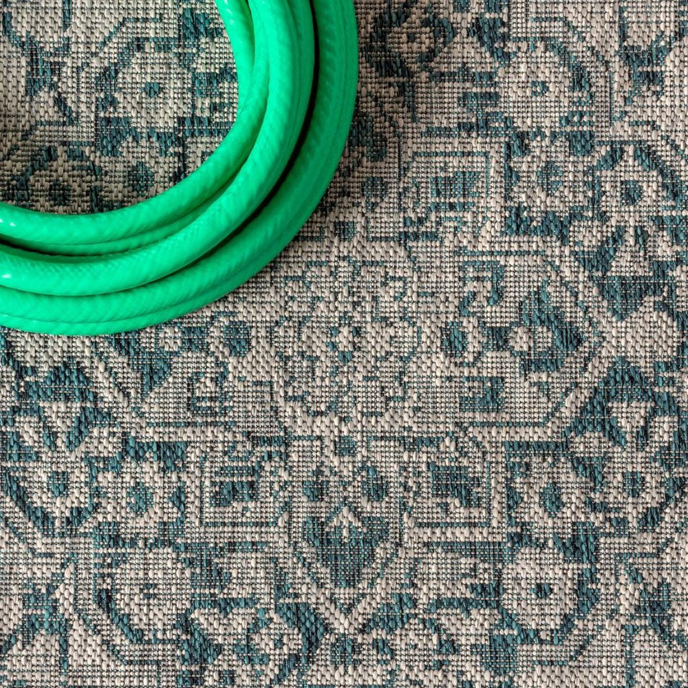 8' Gray And Teal Blue Medallion Indoor Outdoor Runner Rug HomeRoots