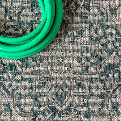 8' Gray And Teal Blue Medallion Indoor Outdoor Runner Rug HomeRoots