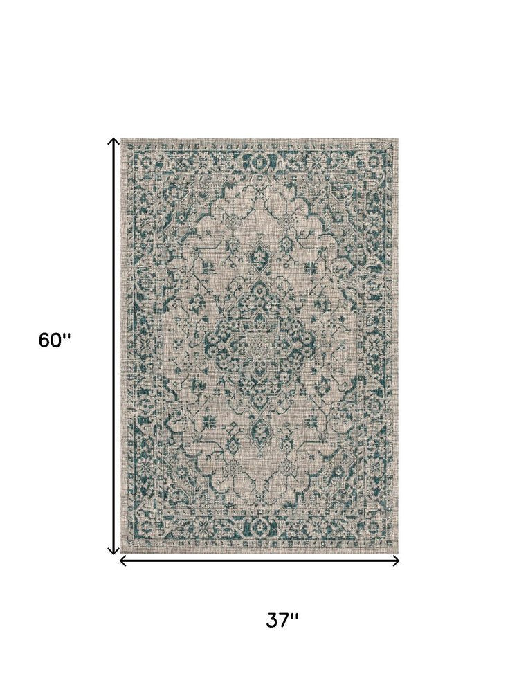 3' X 5' Gray And Teal Blue Medallion Indoor Outdoor Area Rug HomeRoots