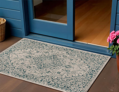3' X 5' Gray And Teal Blue Medallion Indoor Outdoor Area Rug HomeRoots