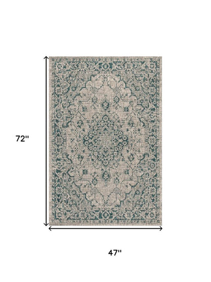 4' X 6' Gray And Teal Blue Medallion Indoor Outdoor Area Rug HomeRoots
