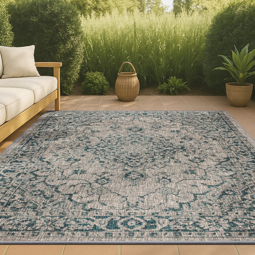 4' X 6' Gray And Teal Blue Medallion Indoor Outdoor Area Rug HomeRoots