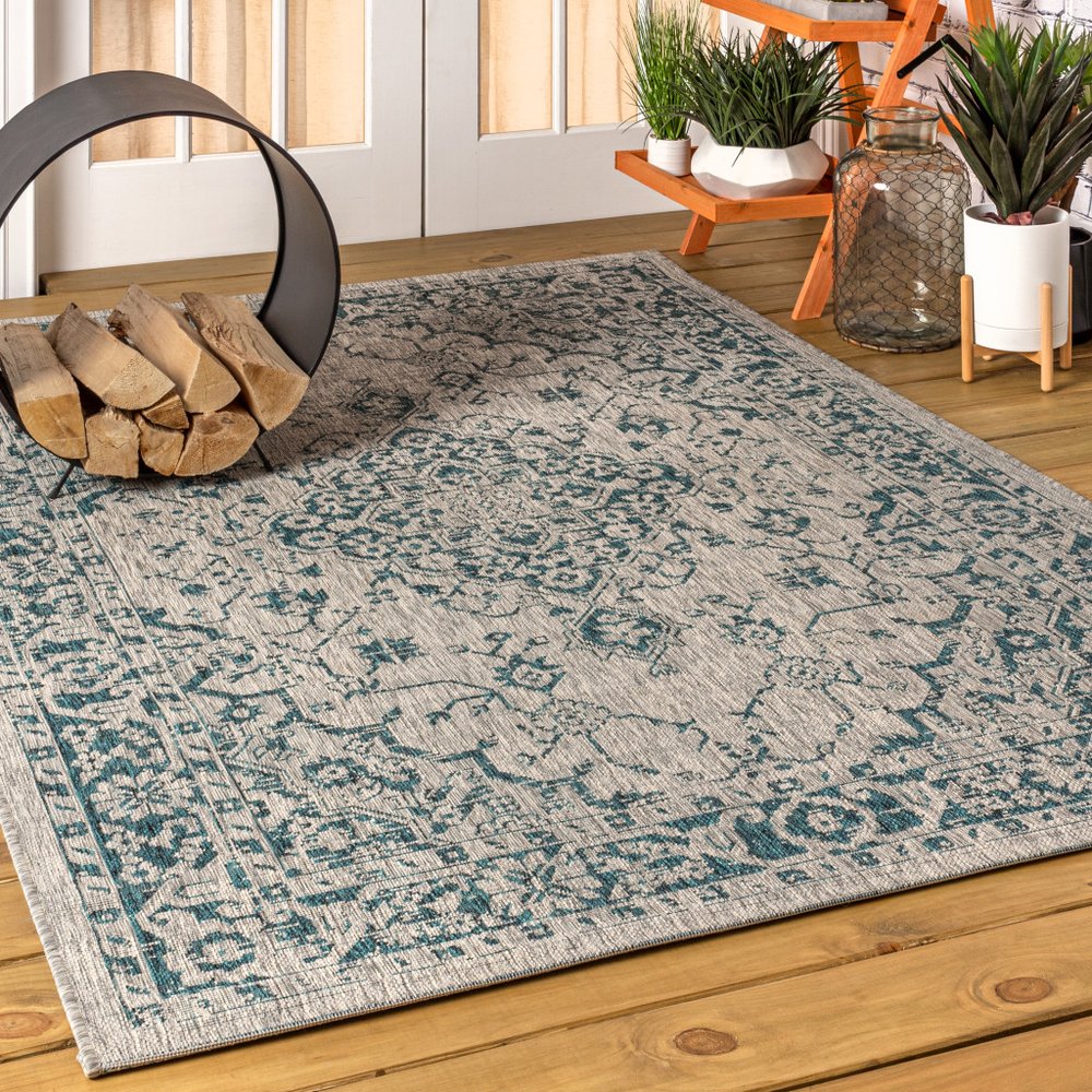 4' X 6' Gray And Teal Blue Medallion Indoor Outdoor Area Rug HomeRoots