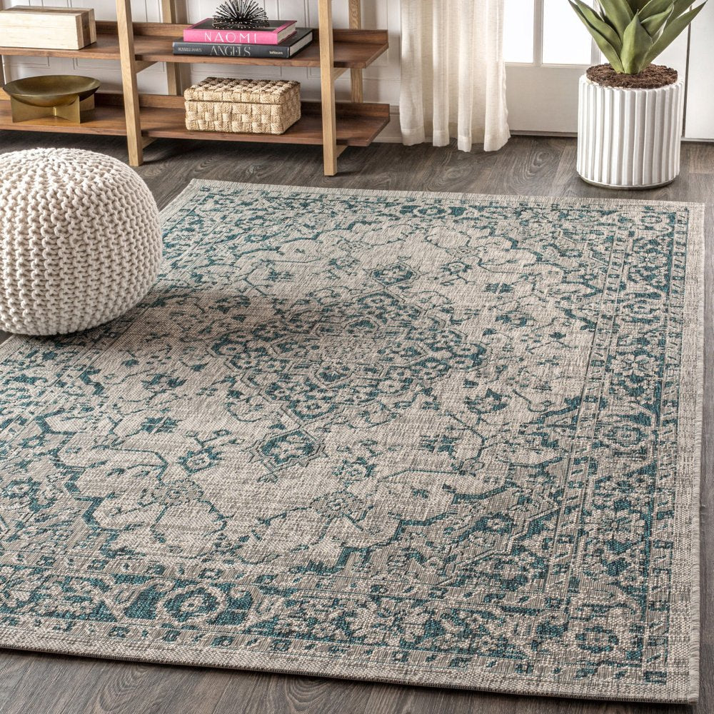 4' X 6' Gray And Teal Blue Medallion Indoor Outdoor Area Rug HomeRoots