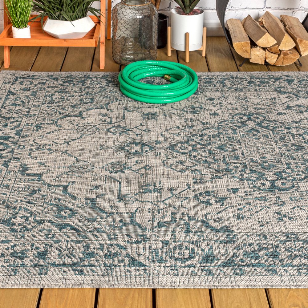 4' X 6' Gray And Teal Blue Medallion Indoor Outdoor Area Rug HomeRoots