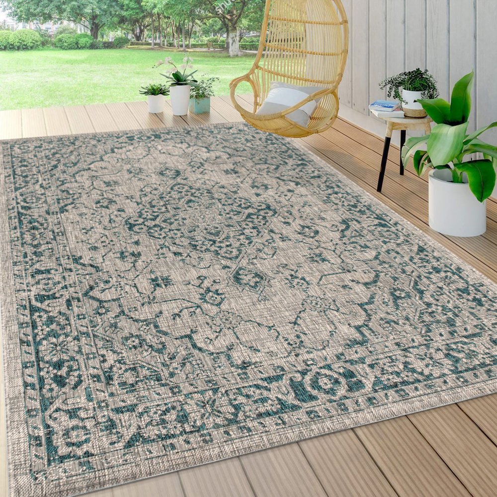 4' X 6' Gray And Teal Blue Medallion Indoor Outdoor Area Rug HomeRoots