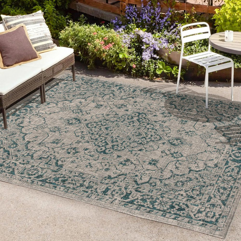 4' X 6' Gray And Teal Blue Medallion Indoor Outdoor Area Rug HomeRoots