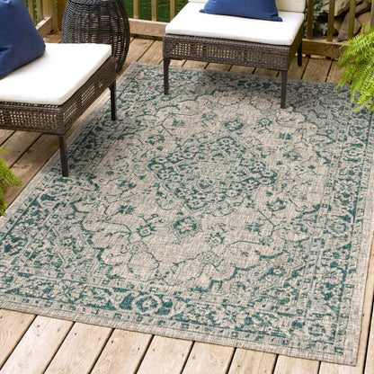 4' X 6' Gray And Teal Blue Medallion Indoor Outdoor Area Rug HomeRoots