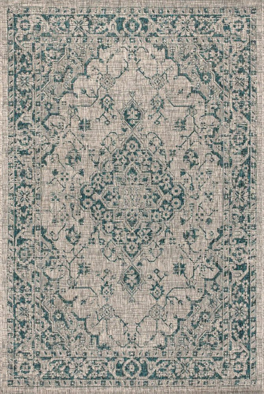 5' X 8' Gray And Teal Blue Medallion Indoor Outdoor Area Rug HomeRoots