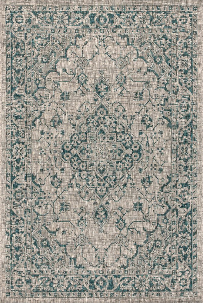 5' X 8' Gray And Teal Blue Medallion Indoor Outdoor Area Rug HomeRoots