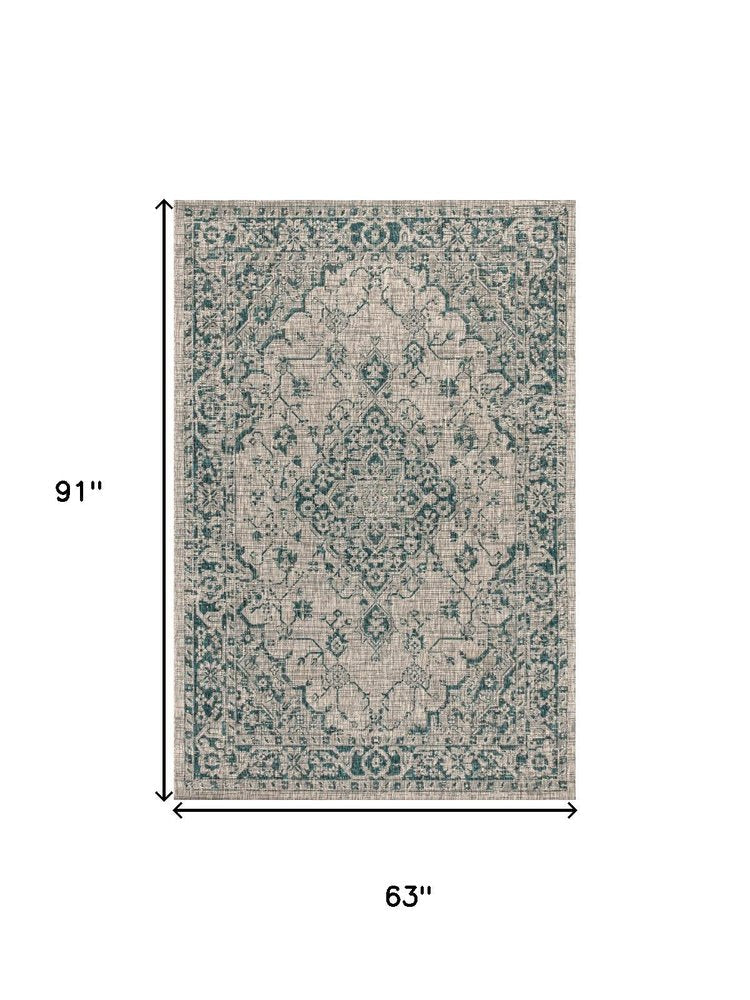 5' X 8' Gray And Teal Blue Medallion Indoor Outdoor Area Rug HomeRoots