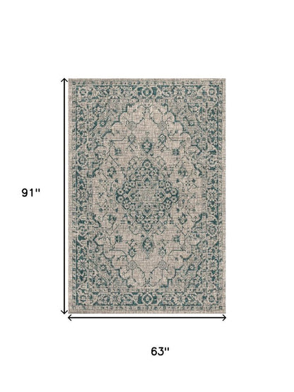 5' X 8' Gray And Teal Blue Medallion Indoor Outdoor Area Rug HomeRoots