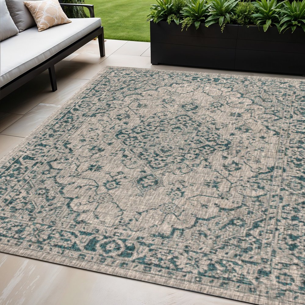 5' X 8' Gray And Teal Blue Medallion Indoor Outdoor Area Rug HomeRoots
