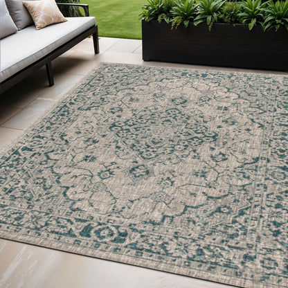 5' X 8' Gray And Teal Blue Medallion Indoor Outdoor Area Rug HomeRoots