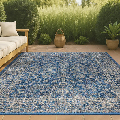 8' X 10' Navy Blue And Gray Medallion Indoor Outdoor Area Rug HomeRoots