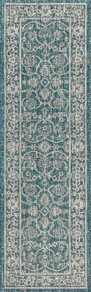 8' Teal Blue And Gray Medallion Indoor Outdoor Runner Rug HomeRoots