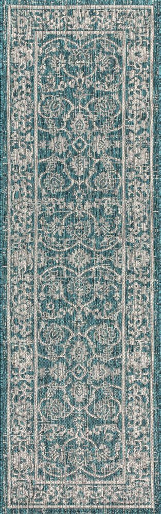 8' Teal Blue And Gray Medallion Indoor Outdoor Runner Rug HomeRoots