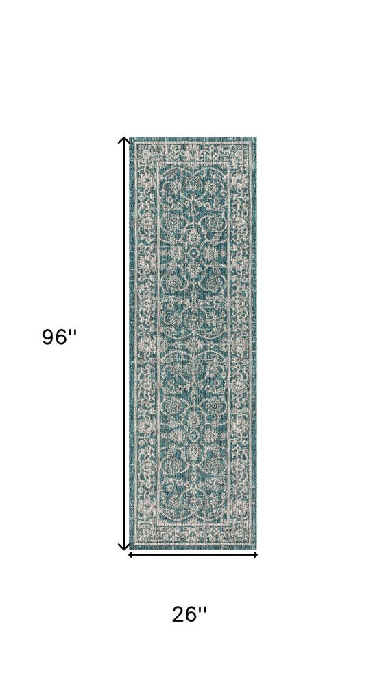 8' Teal Blue And Gray Medallion Indoor Outdoor Runner Rug HomeRoots