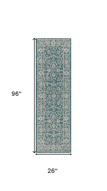 8' Teal Blue And Gray Medallion Indoor Outdoor Runner Rug HomeRoots
