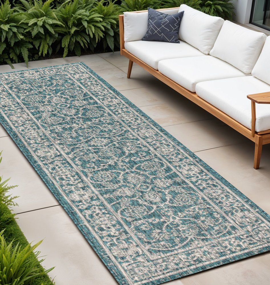 8' Teal Blue And Gray Medallion Indoor Outdoor Runner Rug HomeRoots
