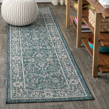 8' Teal Blue And Gray Medallion Indoor Outdoor Runner Rug HomeRoots
