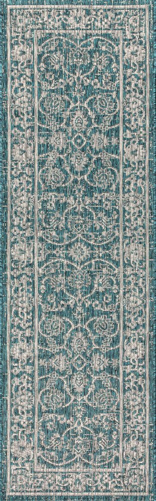8' Teal Blue And Gray Medallion Indoor Outdoor Runner Rug HomeRoots