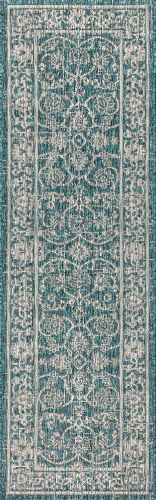 8' Teal Blue And Gray Medallion Indoor Outdoor Runner Rug HomeRoots
