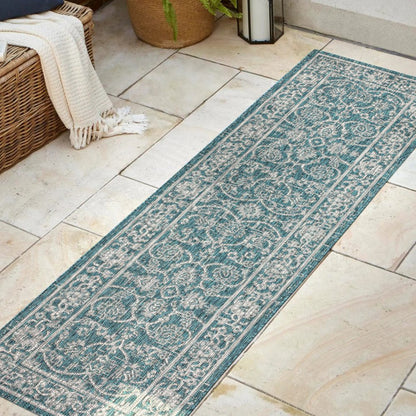 8' Teal Blue And Gray Medallion Indoor Outdoor Runner Rug HomeRoots