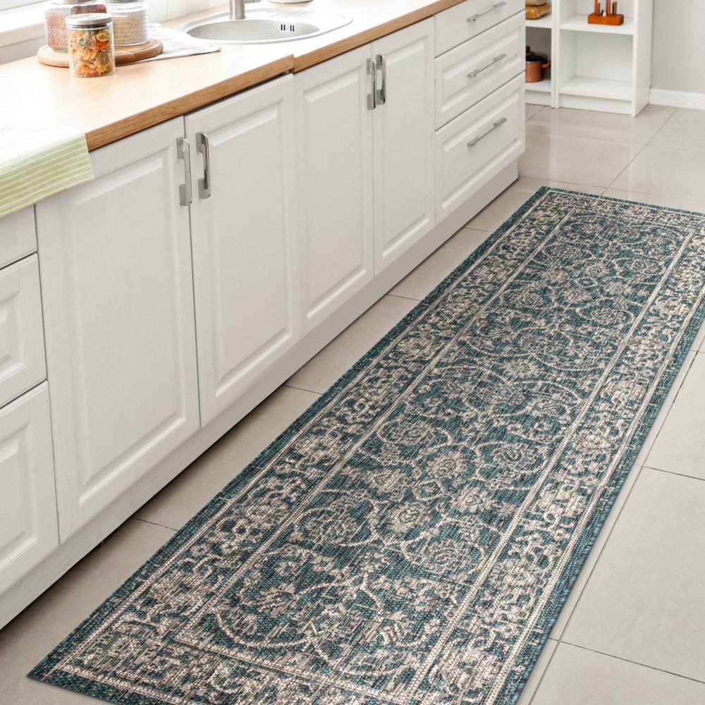 8' Teal Blue And Gray Medallion Indoor Outdoor Runner Rug HomeRoots