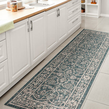 8' Teal Blue And Gray Medallion Indoor Outdoor Runner Rug HomeRoots