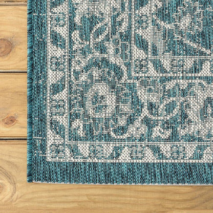 8' Teal Blue And Gray Medallion Indoor Outdoor Runner Rug HomeRoots