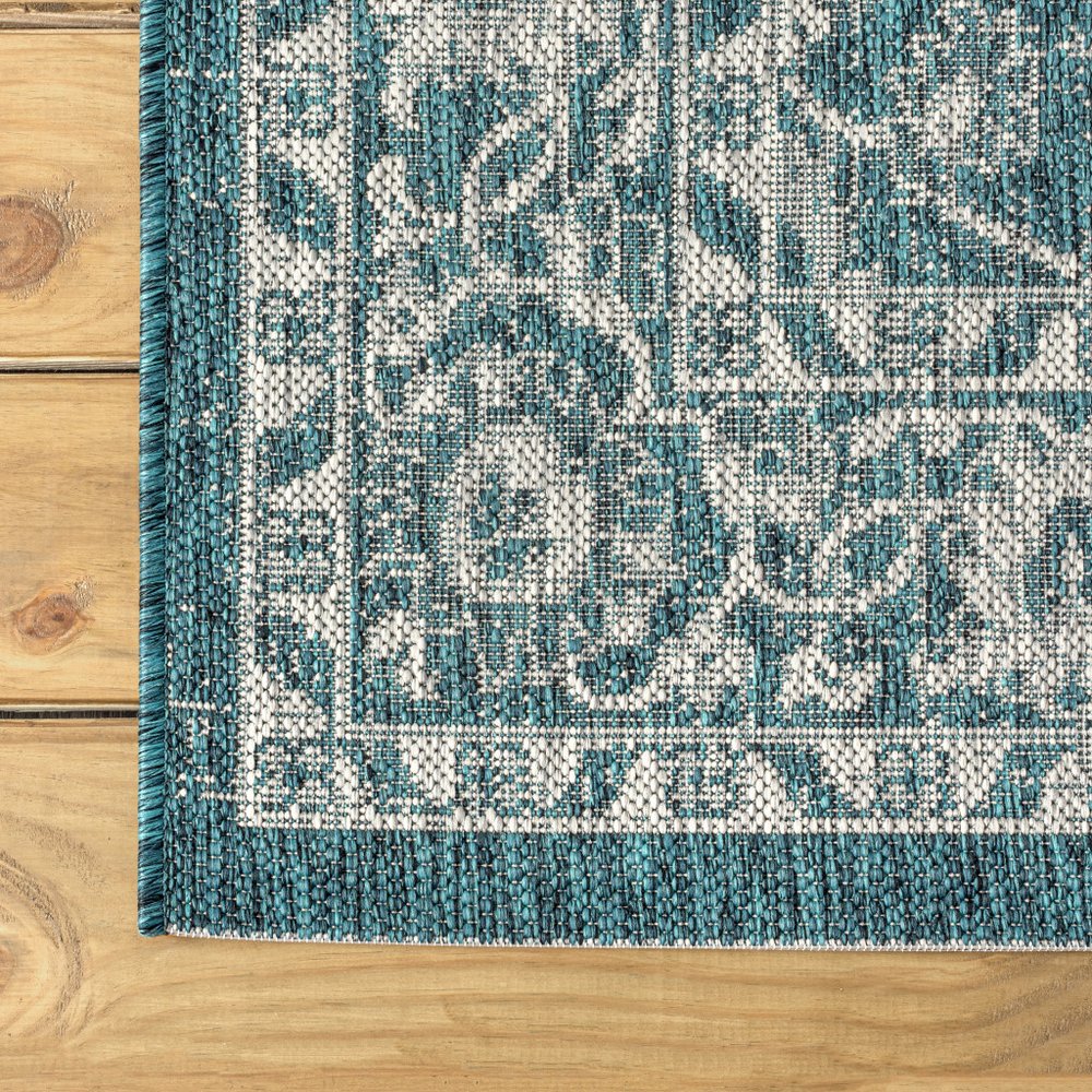8' Teal Blue And Gray Medallion Indoor Outdoor Runner Rug HomeRoots