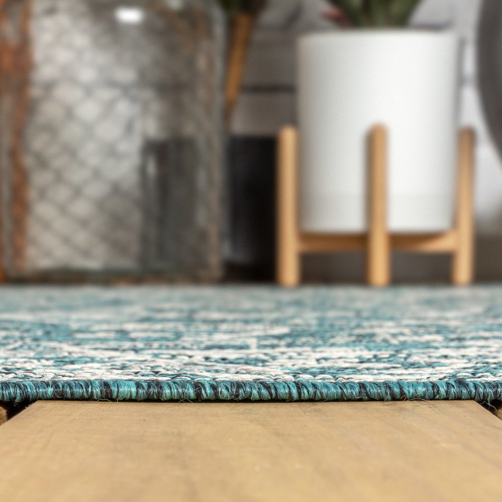 8' Teal Blue And Gray Medallion Indoor Outdoor Runner Rug HomeRoots