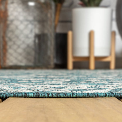 8' Teal Blue And Gray Medallion Indoor Outdoor Runner Rug HomeRoots