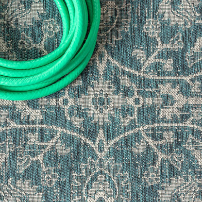 8' Teal Blue And Gray Medallion Indoor Outdoor Runner Rug HomeRoots