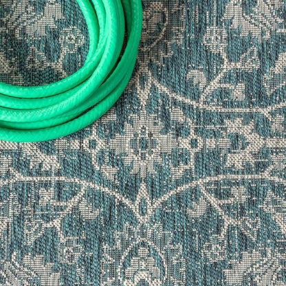 8' Teal Blue And Gray Medallion Indoor Outdoor Runner Rug HomeRoots