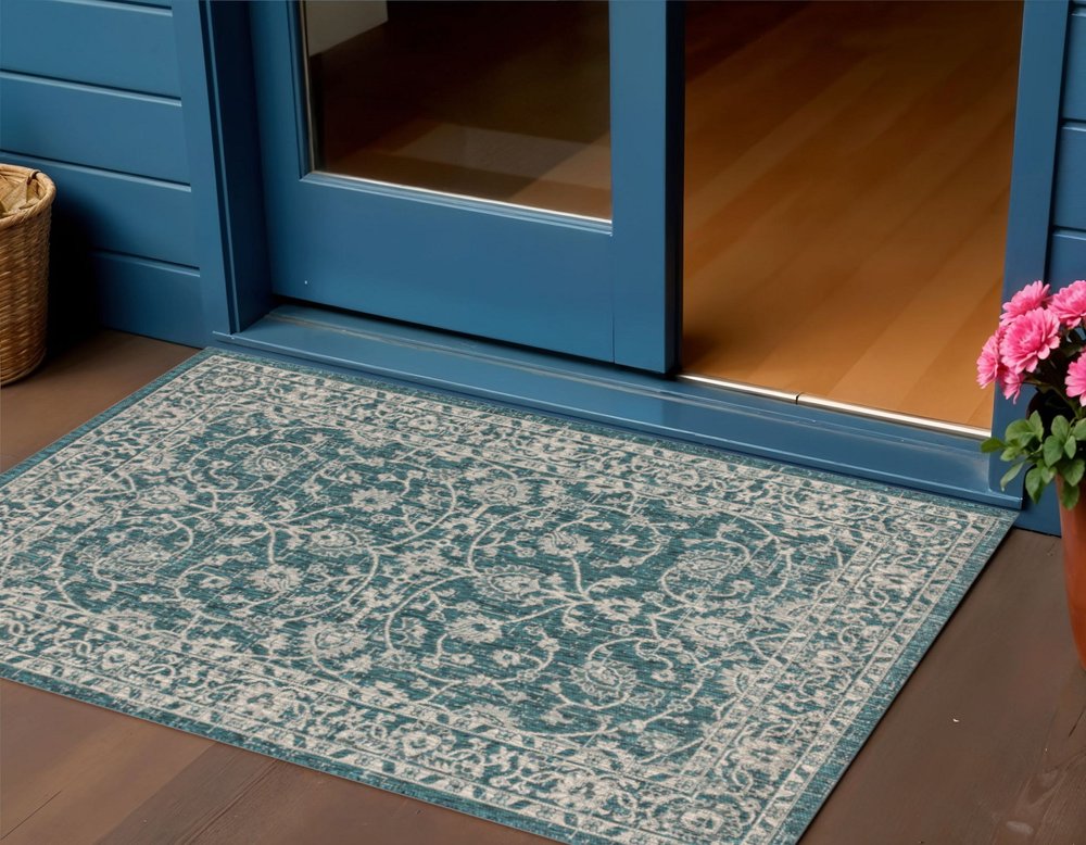 3' X 5' Teal Blue And Gray Medallion Indoor Outdoor Area Rug HomeRoots