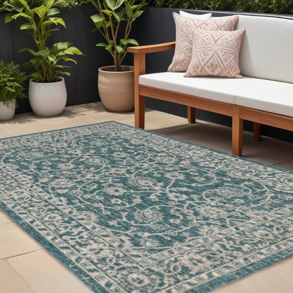 8' X 10' Teal Blue And Gray Medallion Indoor Outdoor Area Rug HomeRoots
