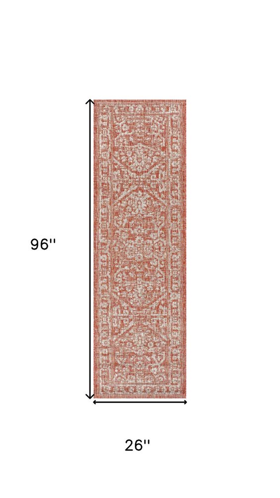 8' Red And Taupe Medallion Indoor Outdoor Runner Rug HomeRoots