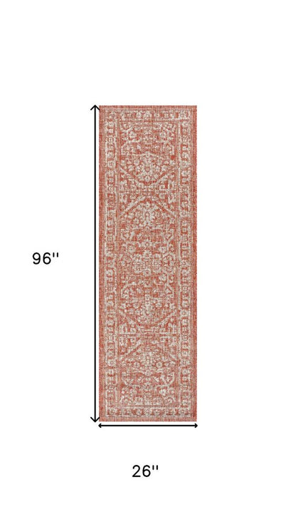 8' Red And Taupe Medallion Indoor Outdoor Runner Rug HomeRoots