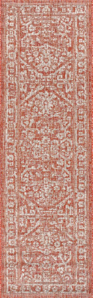 8' Red And Taupe Medallion Indoor Outdoor Runner Rug HomeRoots