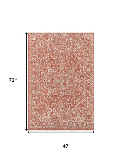4' X 6' Red And Taupe Medallion Indoor Outdoor Area Rug HomeRoots