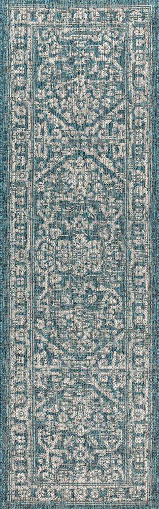8' Teal Blue And Gray Medallion Indoor Outdoor Runner Rug HomeRoots