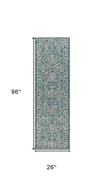 8' Teal Blue And Gray Medallion Indoor Outdoor Runner Rug HomeRoots
