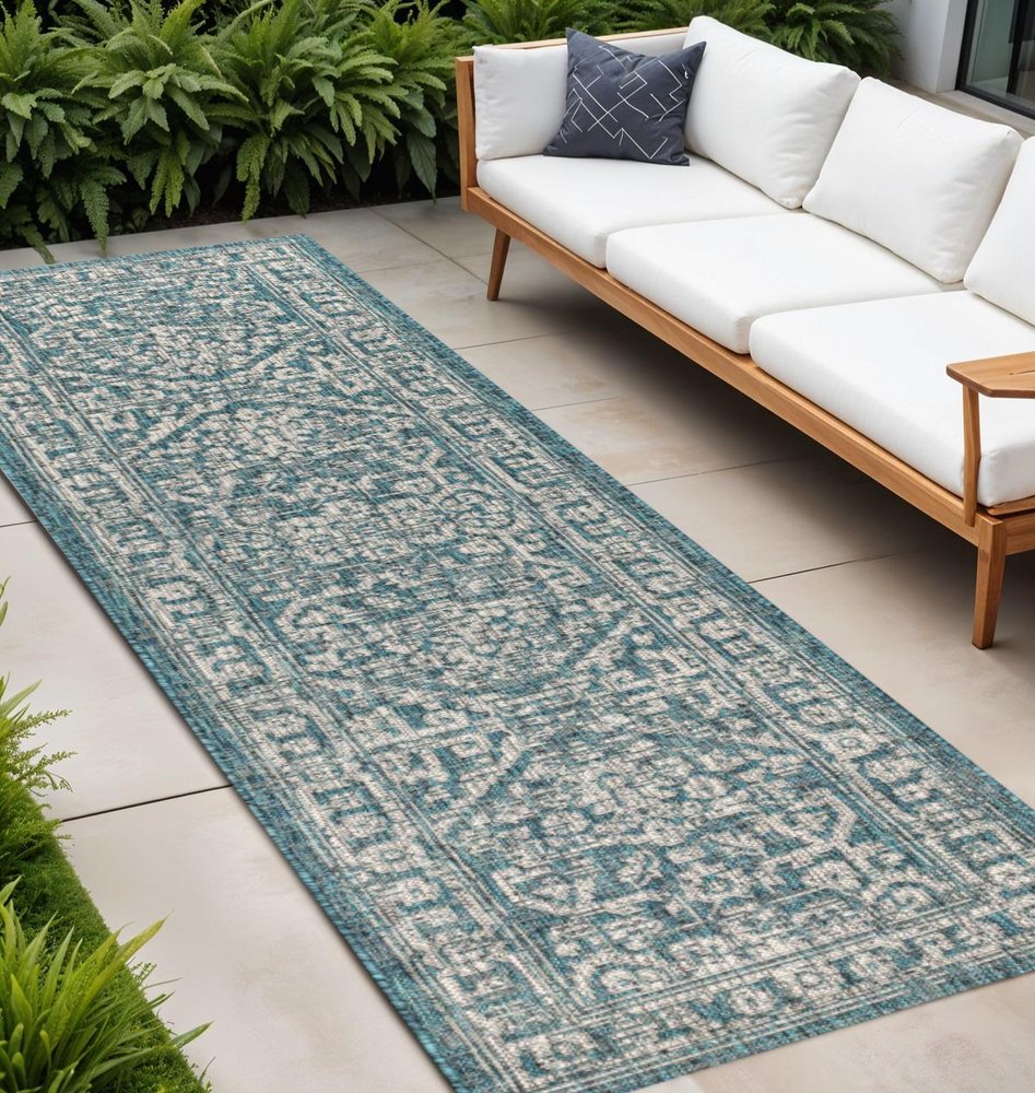 8' Teal Blue And Gray Medallion Indoor Outdoor Runner Rug HomeRoots