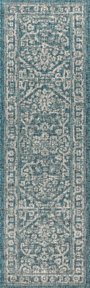 8' Teal Blue And Gray Medallion Indoor Outdoor Runner Rug HomeRoots