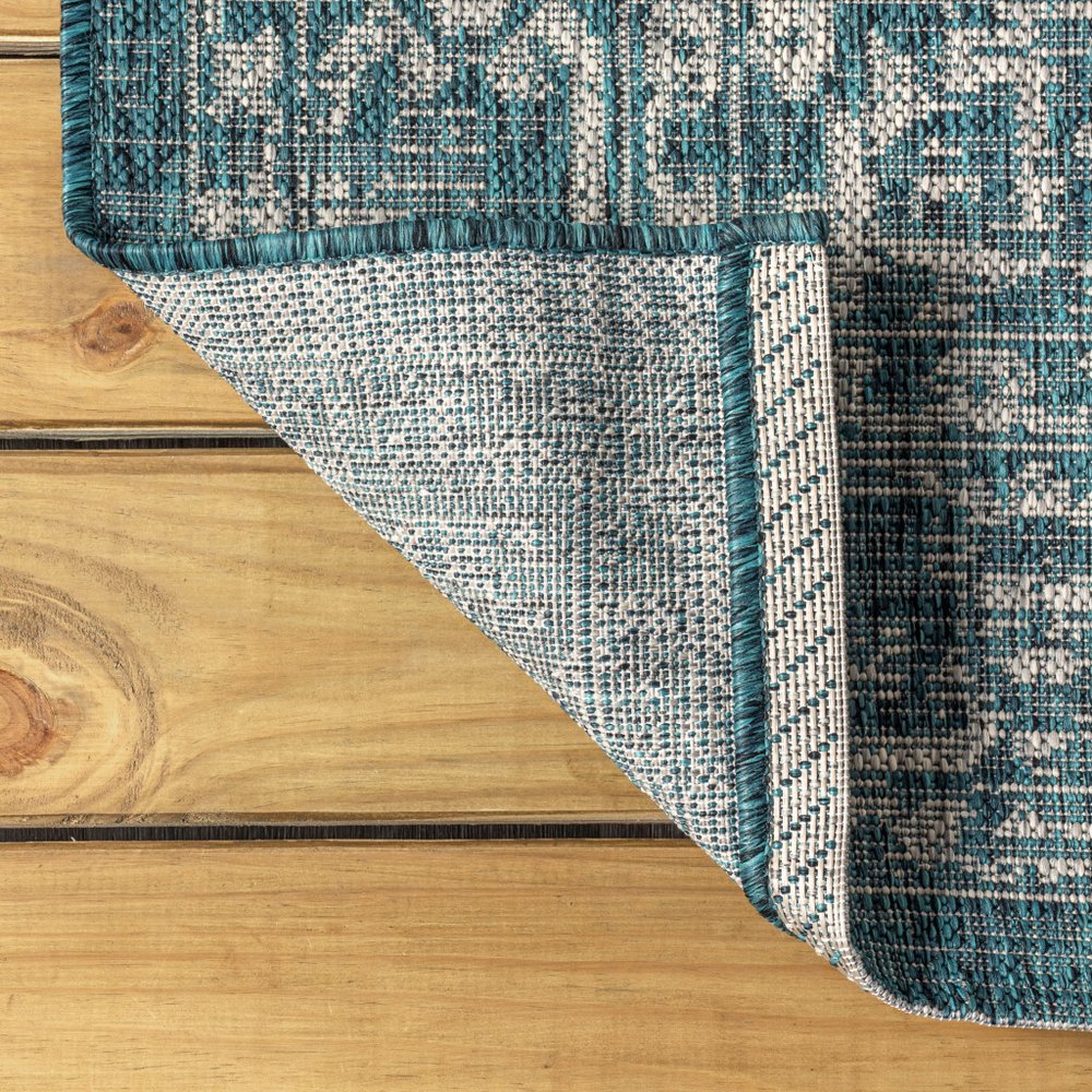 8' Teal Blue And Gray Medallion Indoor Outdoor Runner Rug HomeRoots