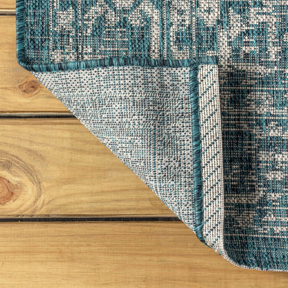 8' Teal Blue And Gray Medallion Indoor Outdoor Runner Rug HomeRoots