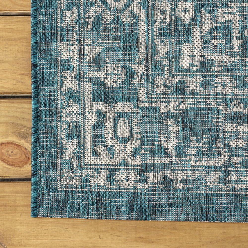 8' Teal Blue And Gray Medallion Indoor Outdoor Runner Rug HomeRoots